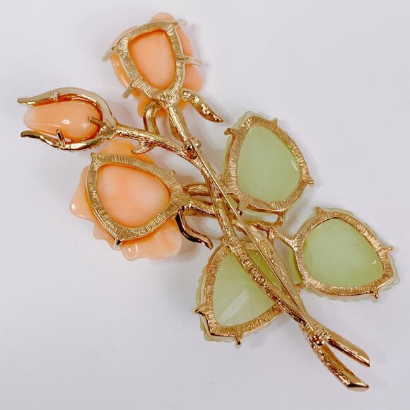 Nolan Miller Ann Margaret Faux Coral & Jade Rose Brooch Pin Rhinestones Large - Picture 7 of 12
